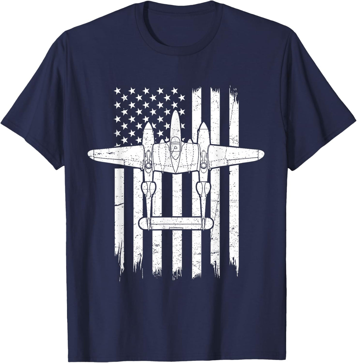 P-38 Lightning Flag US American WW2 Aircraft Fighter T-Shirt - Navy Blue