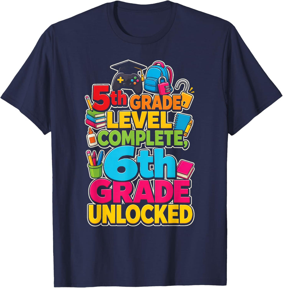 5th Grade Level Complete 6th Unlocked Elementary School T-Shirt - Navy Blue