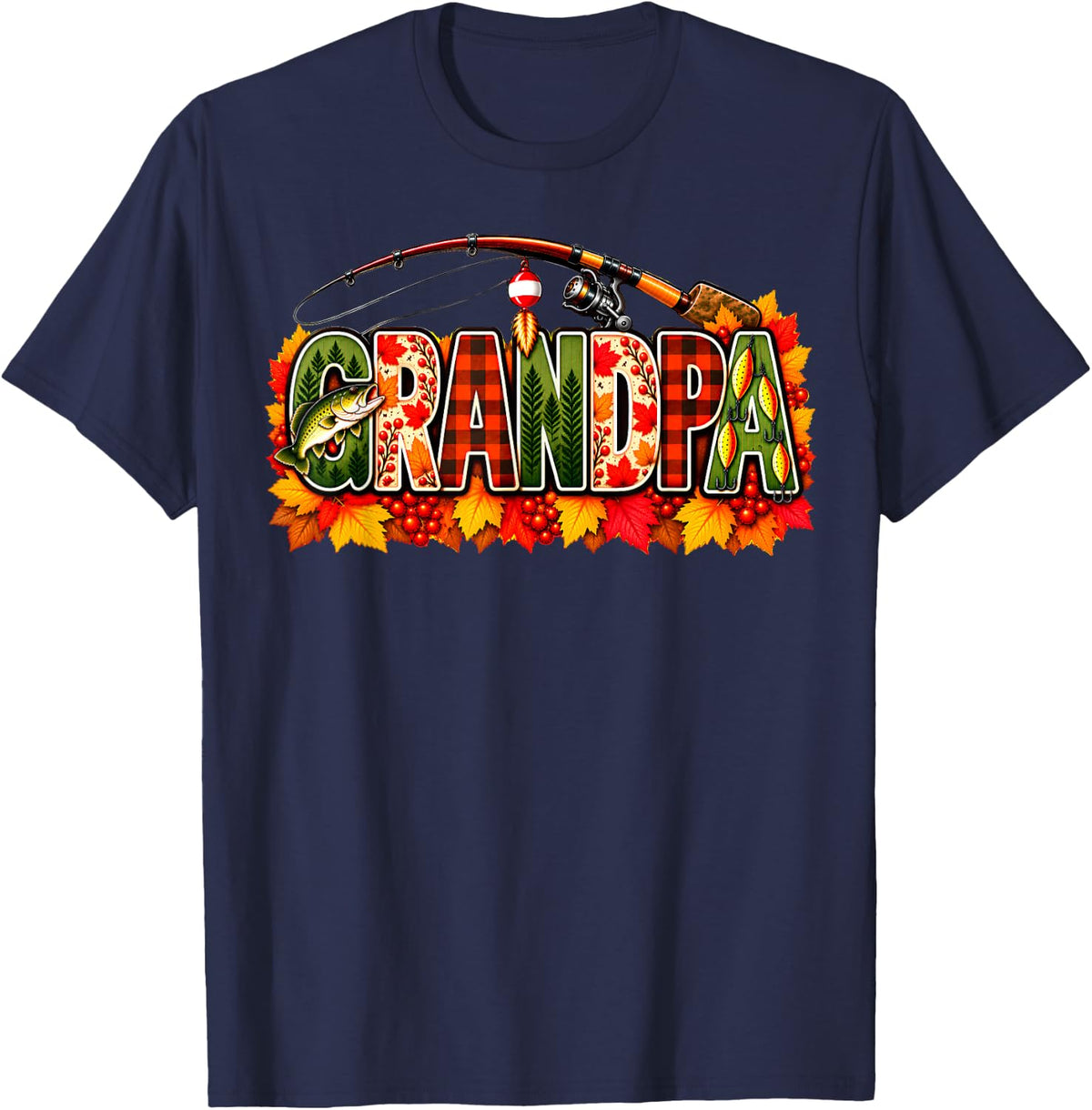 Thanksgiving Fishing Grandpa Fall Autumn Bass Birthday T-Shirt - Navy Blue