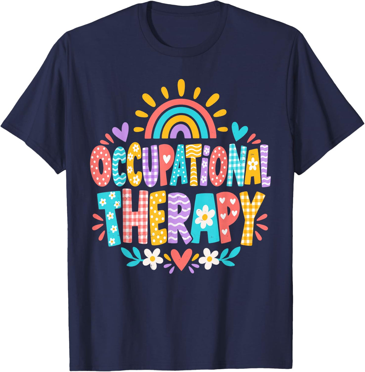 Occupational Therapy Rainbow Floral Letters T-Shirt - Navy Blue