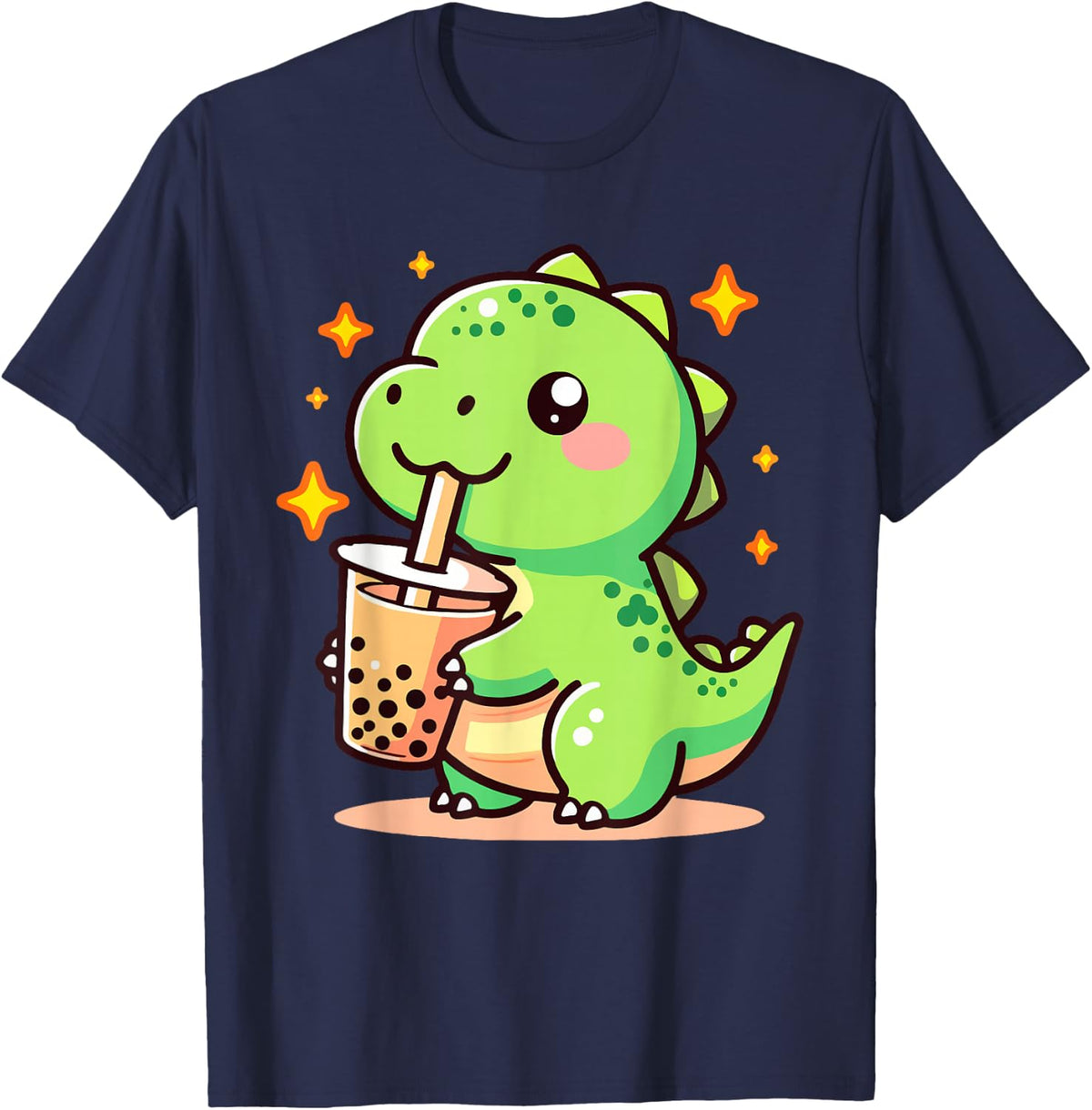 Dino T-rex Lover Kawaii Dinosaur Drinks Boba Tea Bubble Tea T-Shirt - Navy Blue