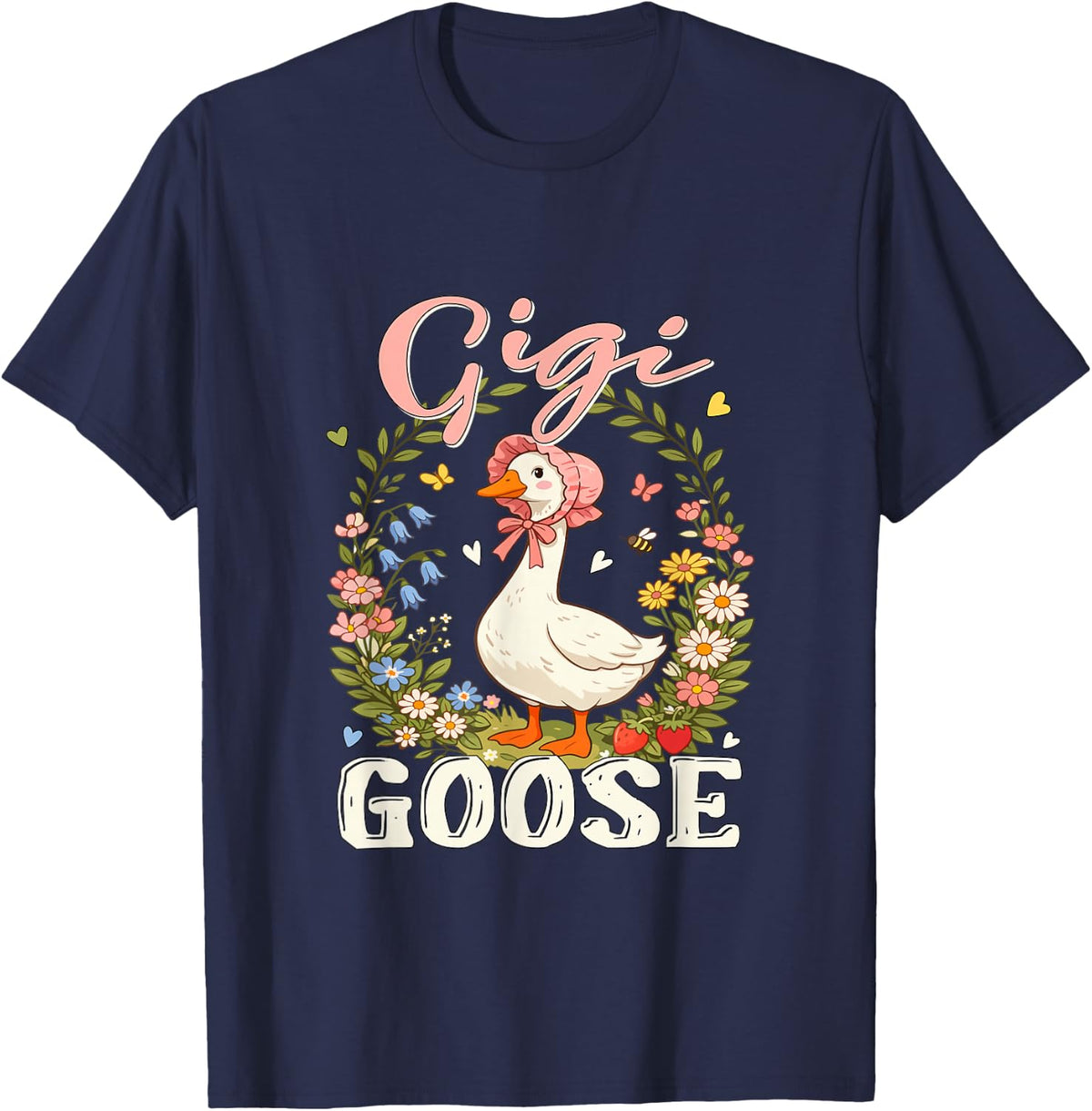 Gigi Cute Goose Lover Colorful Floral Circle Mother's Day T-Shirt - Navy Blue