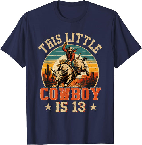 13 Years Old Bull Riding Lover 13th Birthday Cowboy Theme T-Shirt - Navy Blue