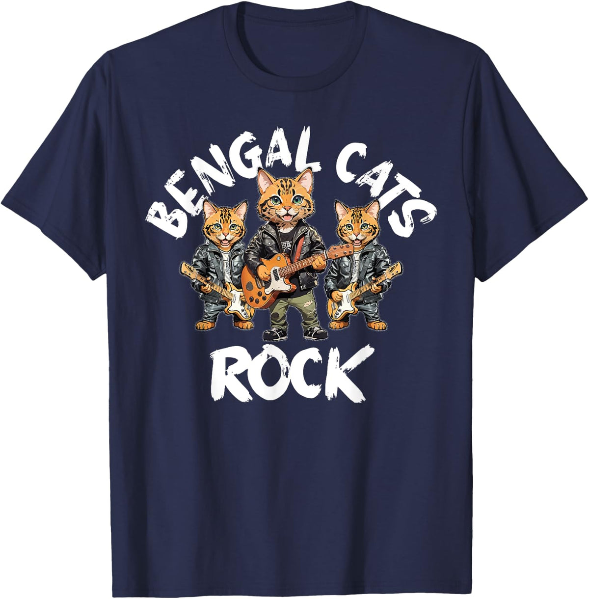 Bengal Cats Rock Cute Cool Furry Cat Trio Playing Guitar Men Women Girls Kids T-Shirt - Navy Blue