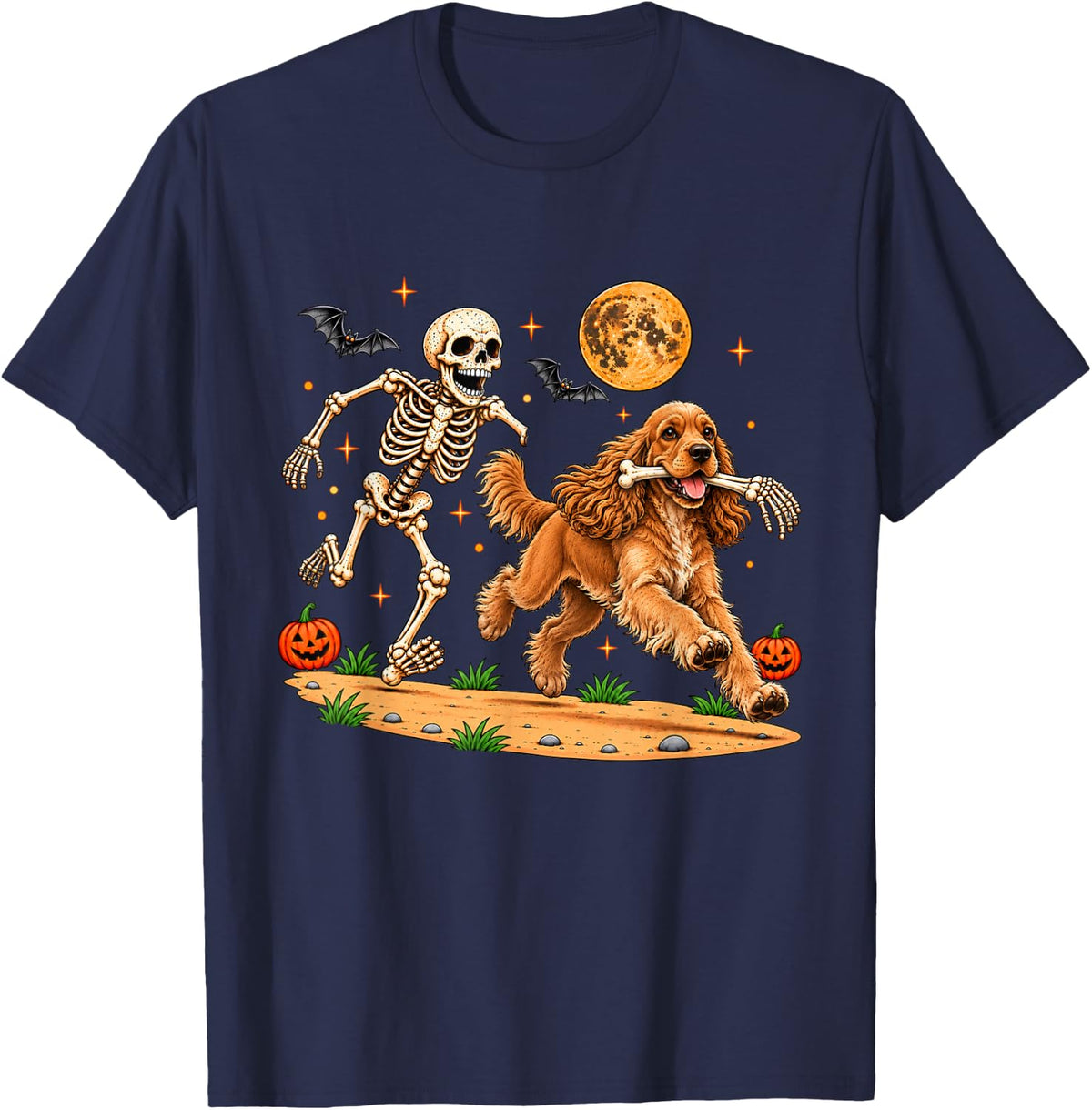 Funny Skeleton Chasing Cocker Spaniel Halloween Dog Mom Pet T-Shirt - Navy Blue