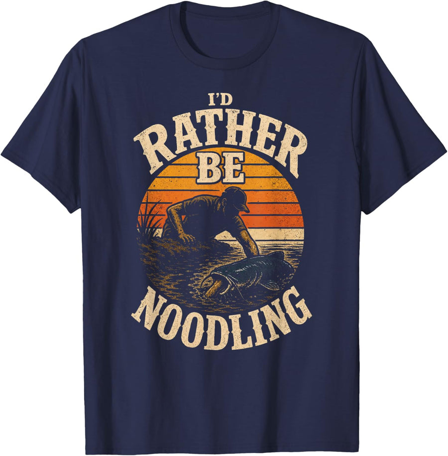 Fishing I'd Rather Be Noodling Catfish Vintage Gift T-Shirt - Navy Blue