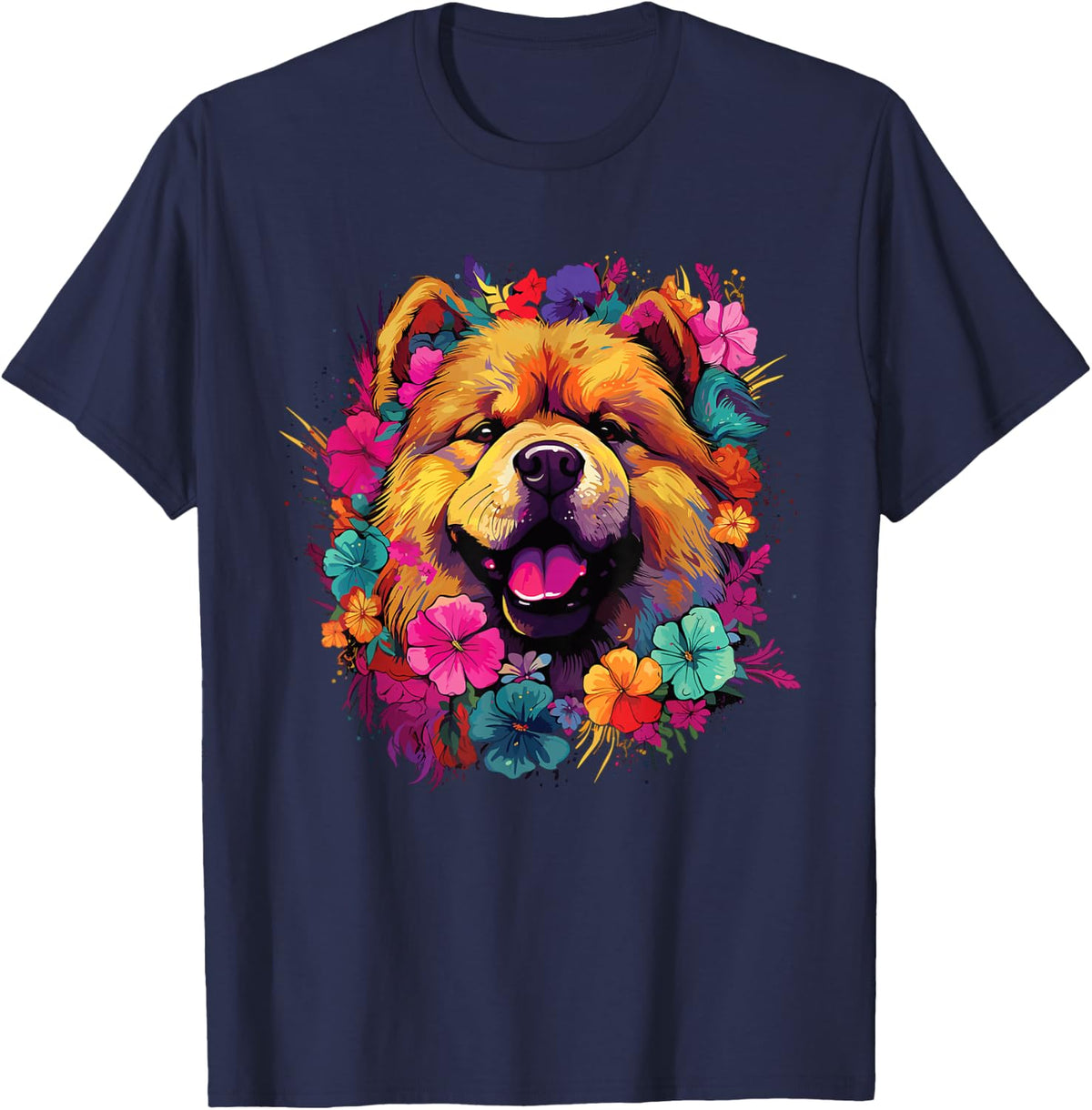 Watercolor Flowers Colorful Dog Chow Chow T-Shirt - Navy Blue