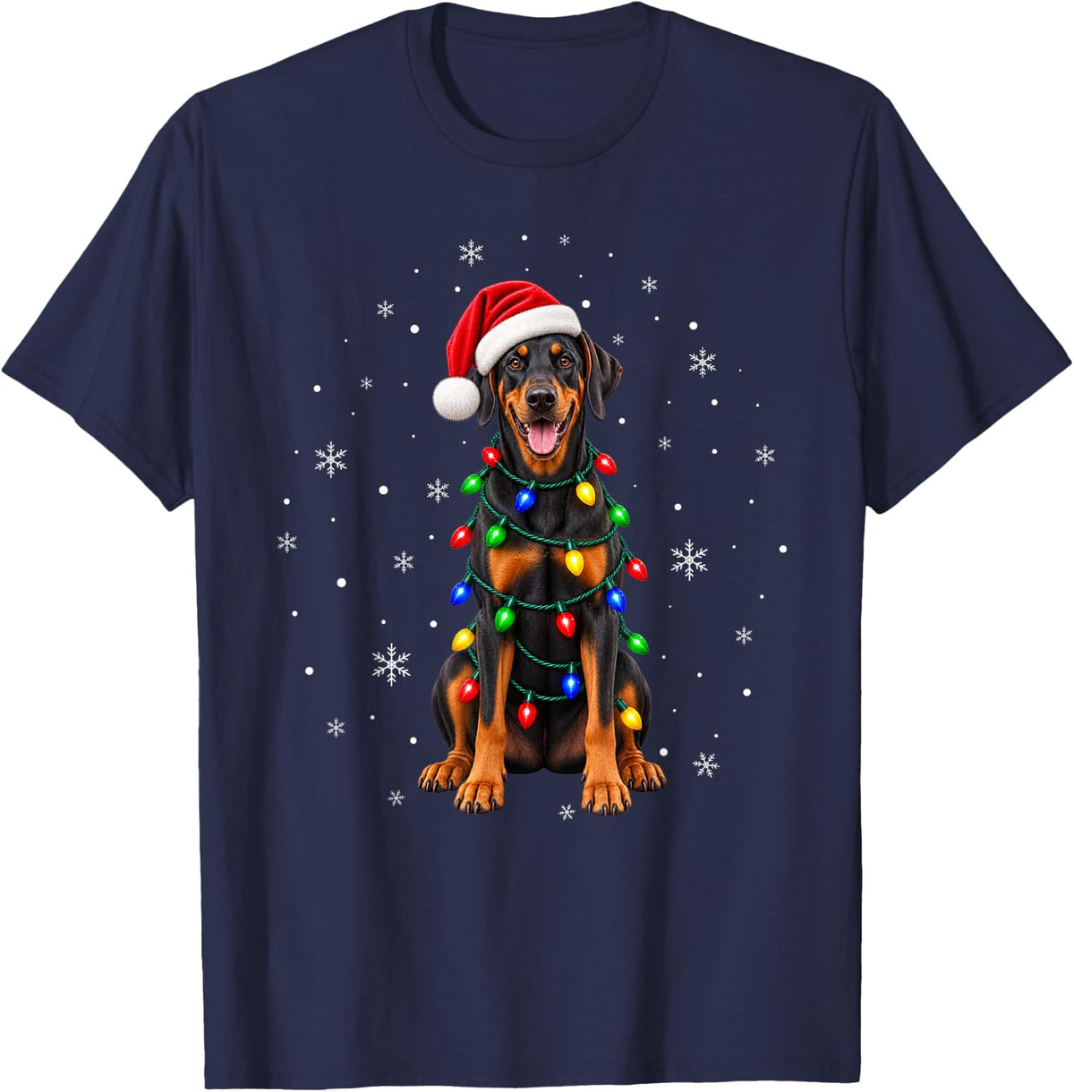 Doberman Pinscher Christmas Tree Lights Pajama Santa Dog T-Shirt - Navy Blue
