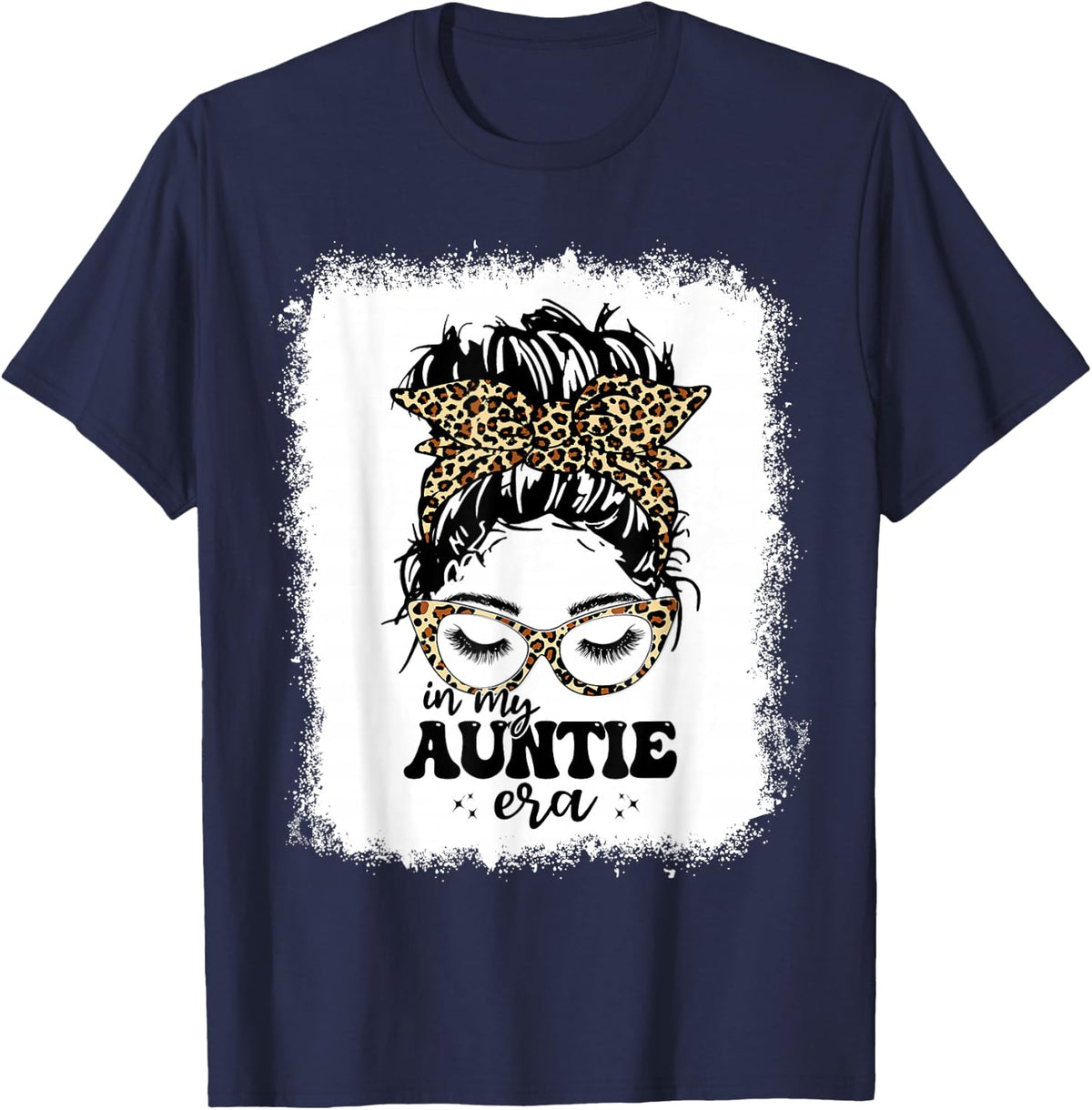 Leopard Messy Bun In My Auntie Era Bleached T-Shirt - Navy Blue