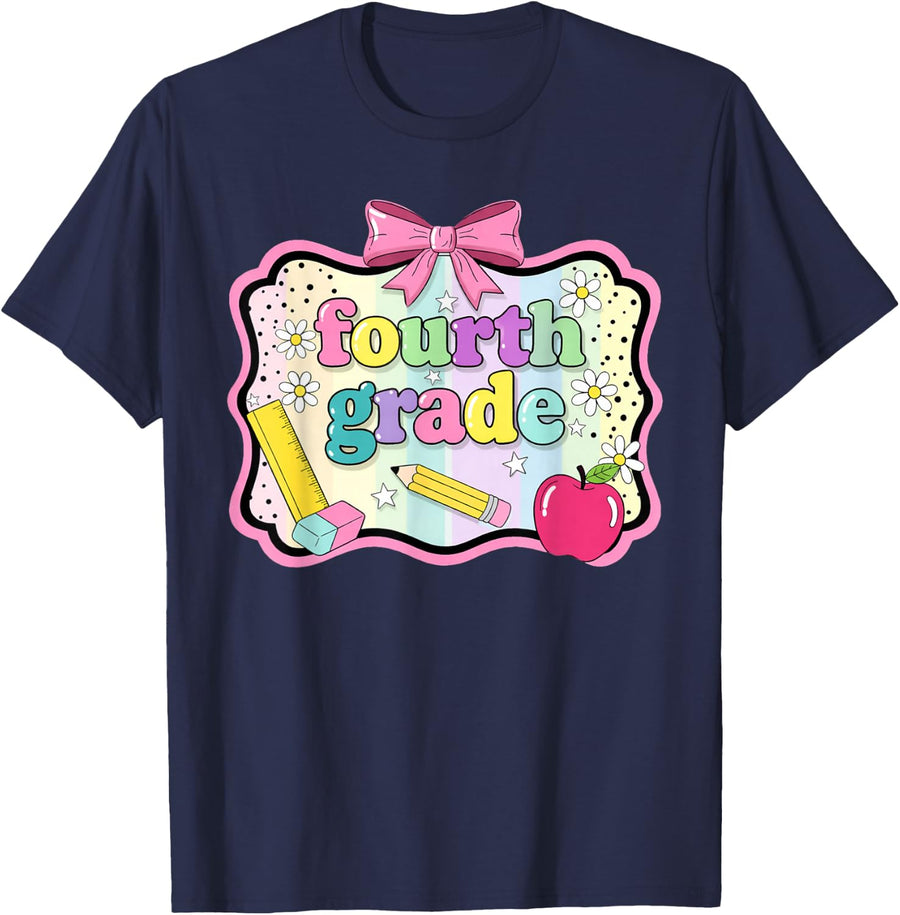 4th Fourth Grade Bow Rainbow Back to School First Day Girls T-Shirt - Navy Blue