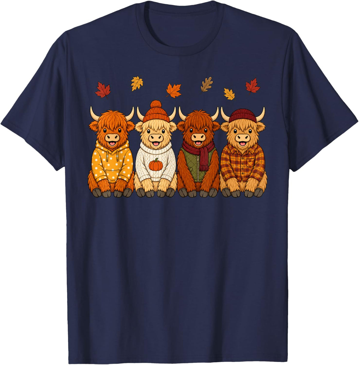 Scottish Highland Cow Fall Autumn Season Pumpkin Farm Animal T-Shirt - Navy Blue