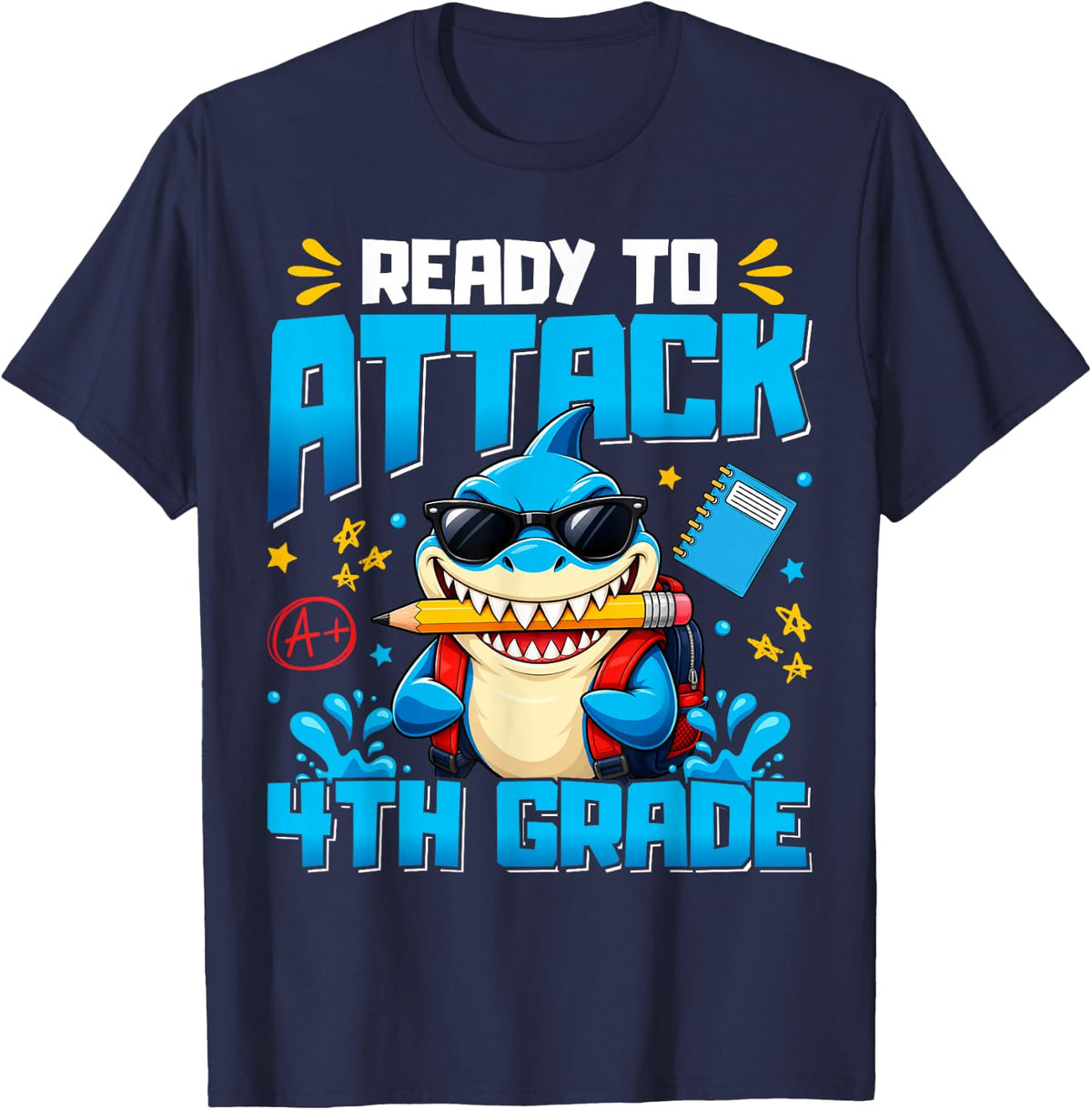 Ready to Attack 4th Grade Shark Cool First Day of School Boy T-Shirt - Navy Blue