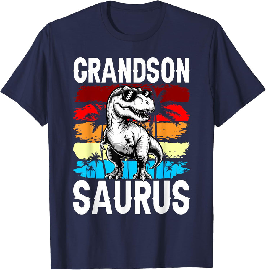 Grandsonsaurus T rex Dinosaur Grandson Saurus Family T-Shirt - Navy Blue