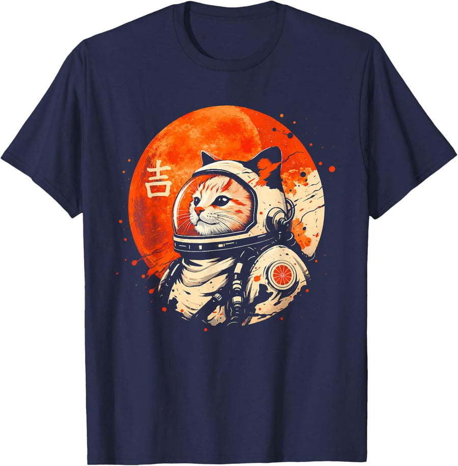 Lucky Space Cat Astronaut T-Shirt Japanese Kanji Cosmic Tees for Men Women Kids - Navy Blue