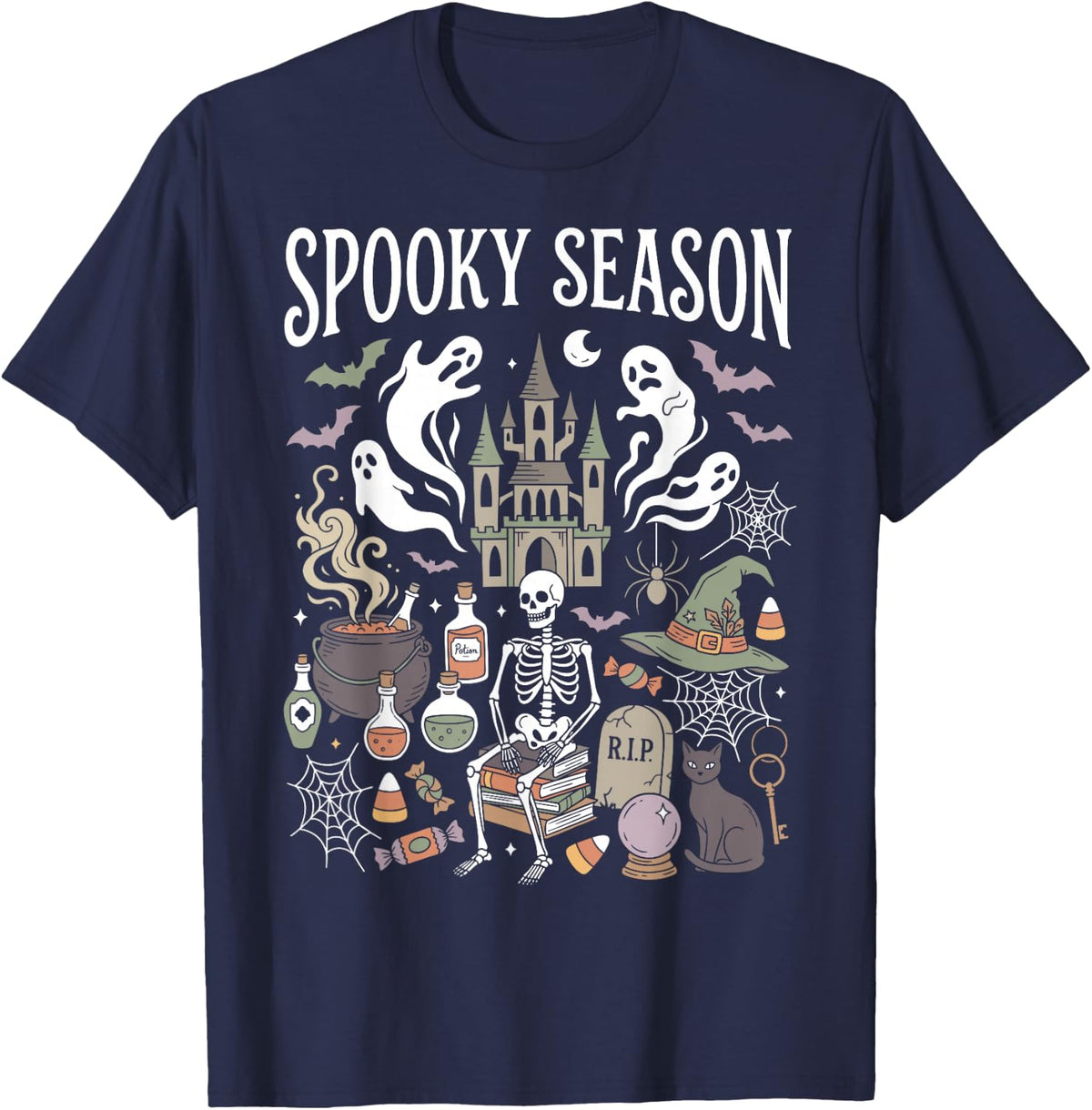 Spooky Season Skeleton Ghost Halloween T-Shirt - Navy Blue