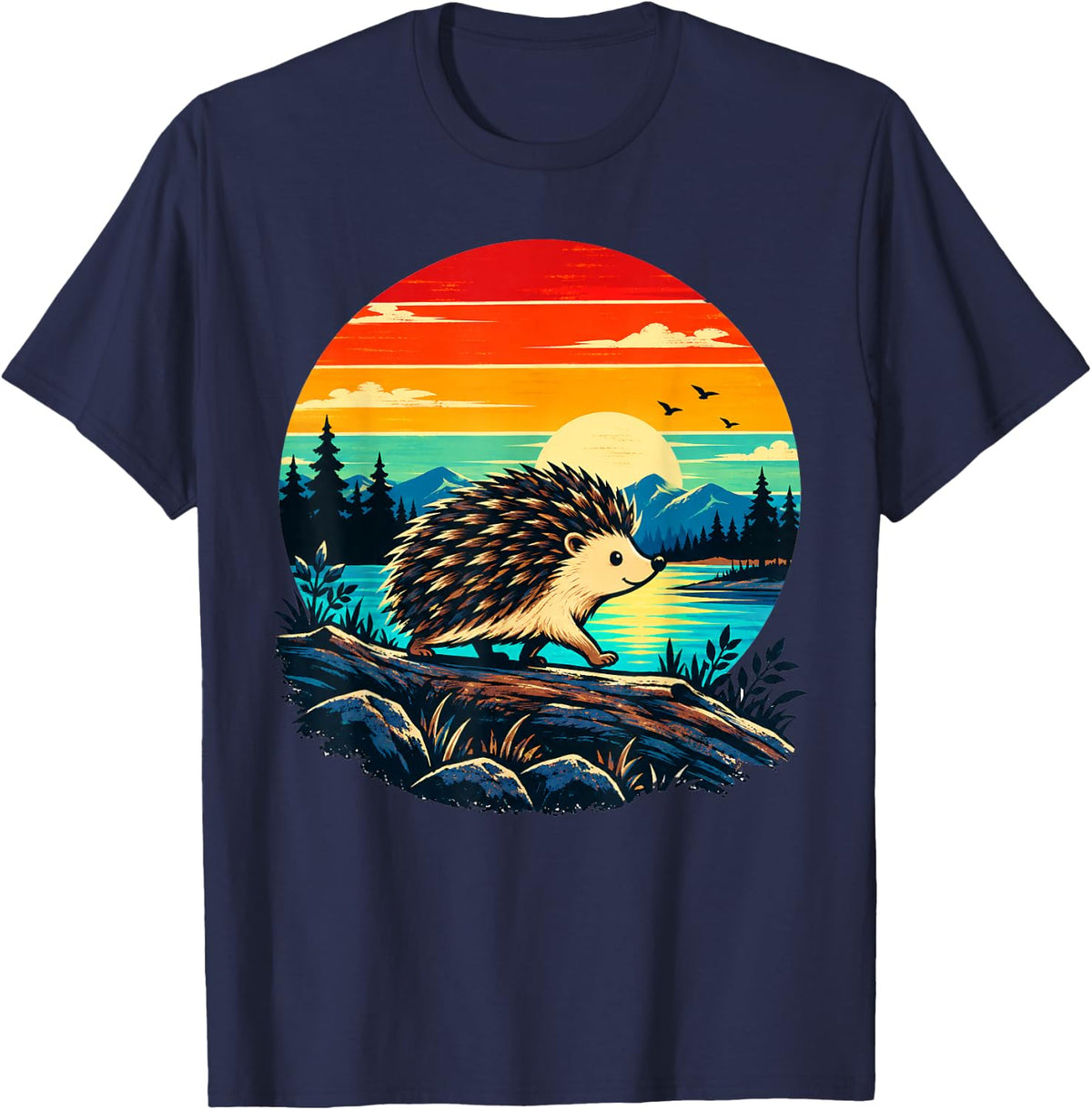 Hedgehog 70's Style Retro Vintage Sunset Hedgie T-Shirt - Navy Blue