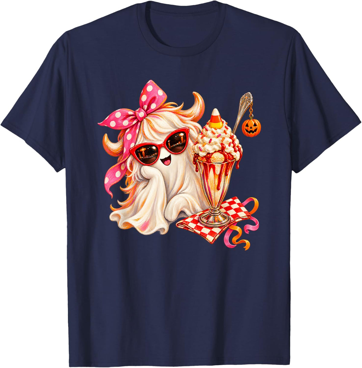 Highland Cow Ghost Halloween Sundae Retro Milkshake Diner T-Shirt - Navy Blue