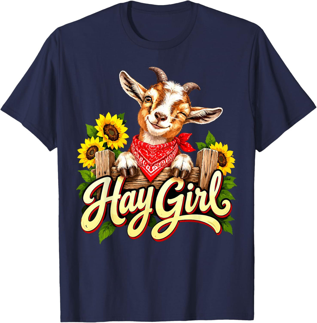 Hay Girl Goat with Sunflowers T-Shirt - Navy Blue