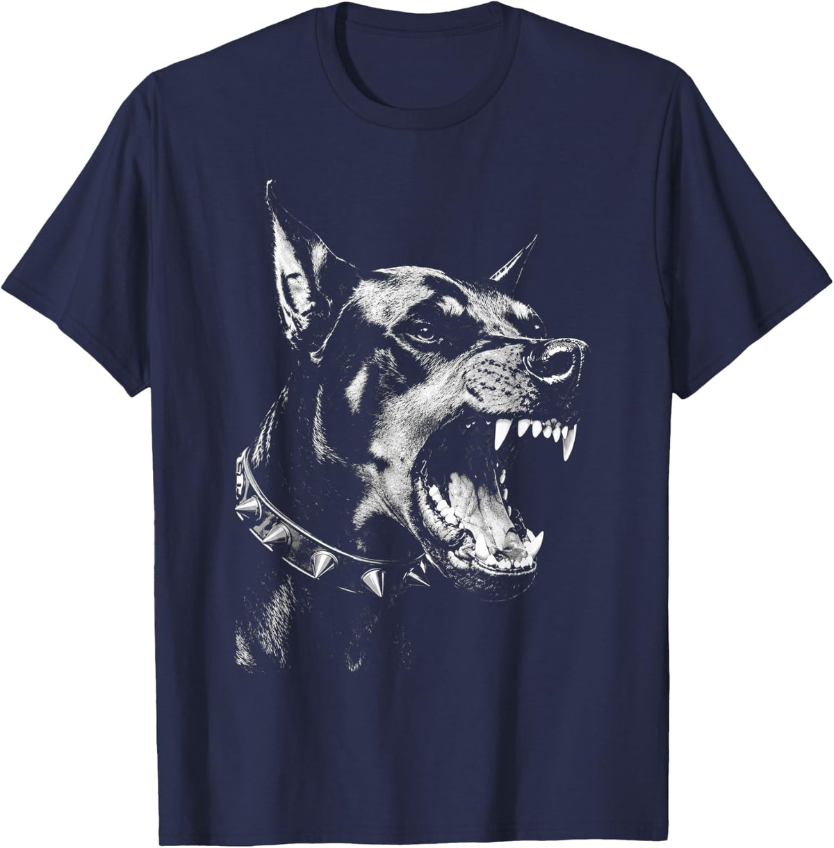 Angry Doberman Barking Spiked Collar Vintage Dog Humor T-Shirt - Navy Blue