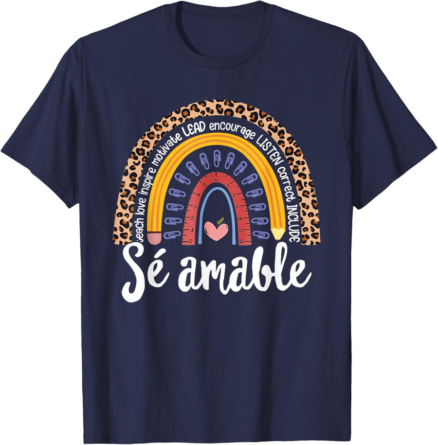 Sé amable Spanish Bilingual Teacher Be Kind Leopard Rainbow T-Shirt for Men Women Kids - Navy Blue
