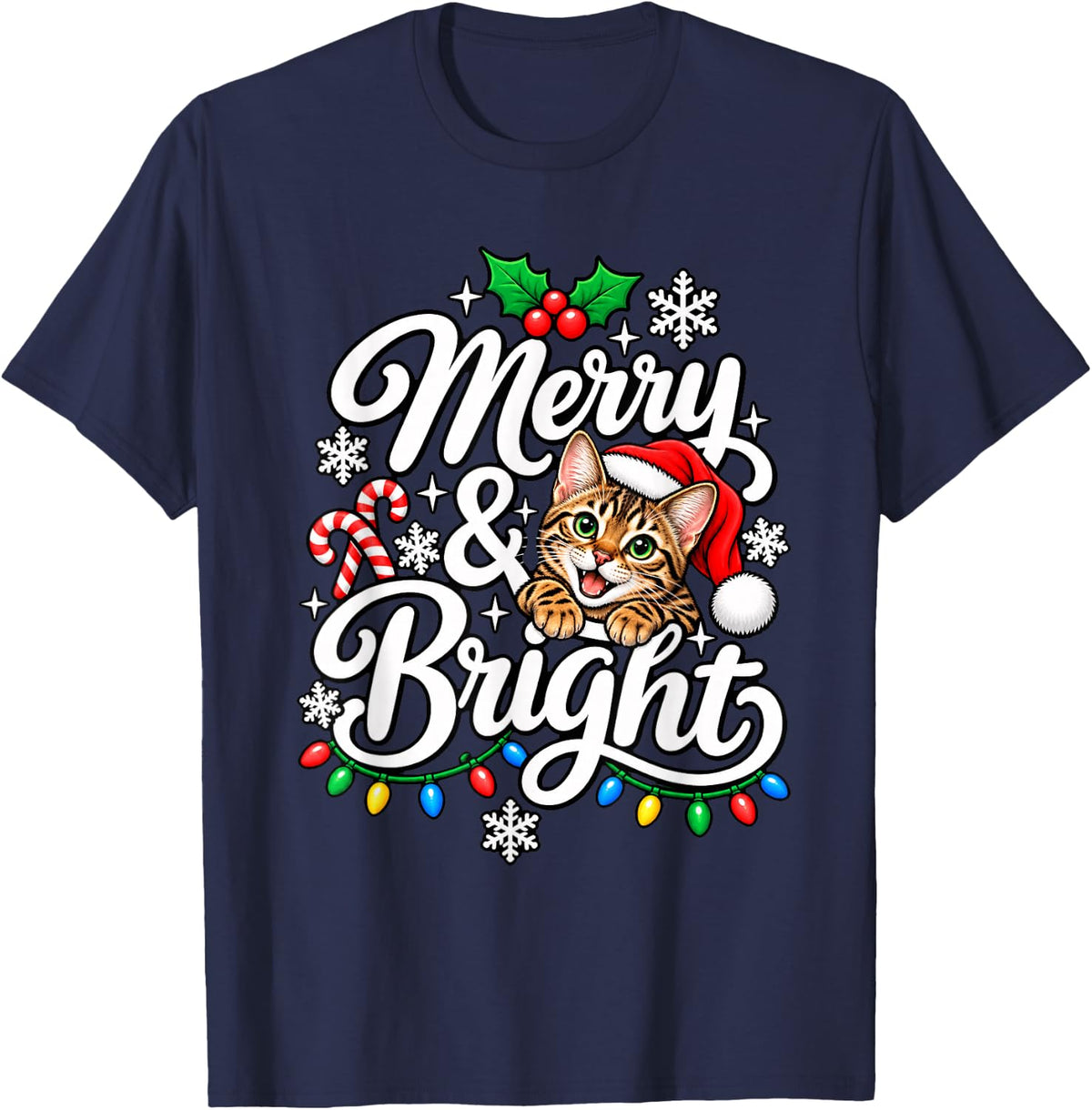 Bengal Cat Merry Bright Christmas Xmas Santa Hat Mom Dad T-Shirt - Navy Blue