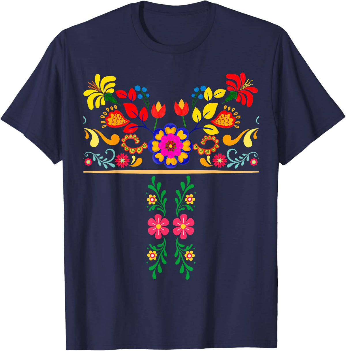 Traditional Mexican Flowers - Spanish Latina Mexican Pride T-Shirt - Navy Blue