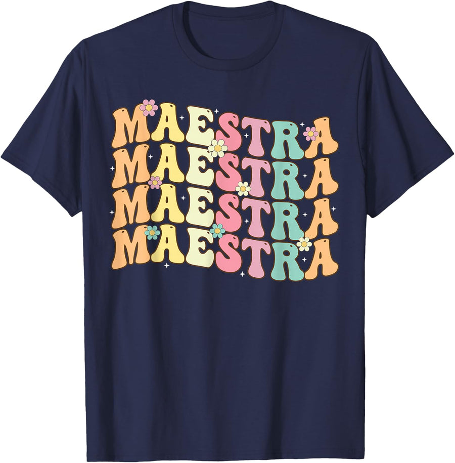 Retro Groovy Maestra Spanish Teacher T-Shirt Tees For Women Back To School - Navy Blue