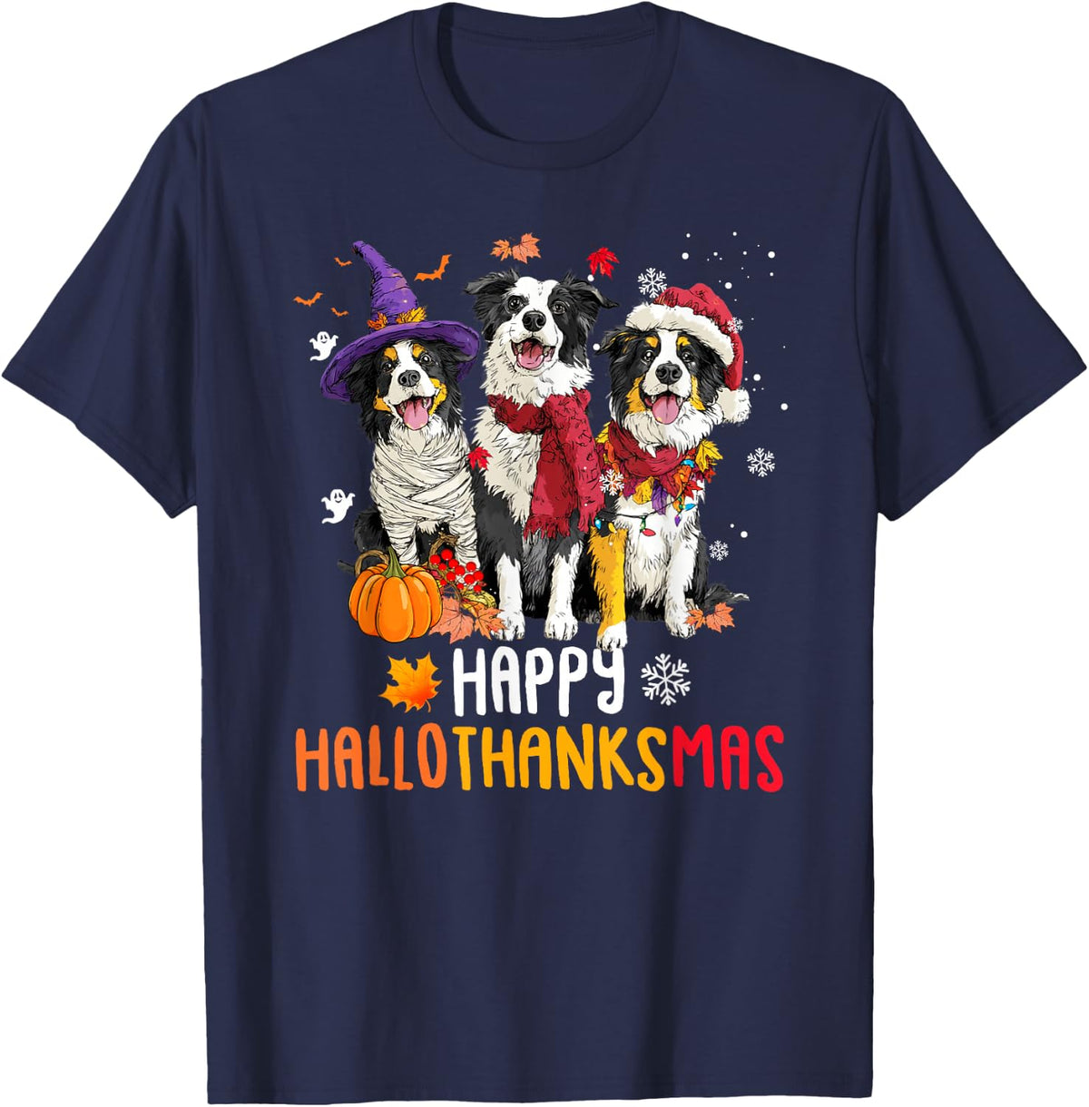 Border Collie Dog Christmas Happy Hallothankmas Thanksgiving T-Shirt - Navy Blue