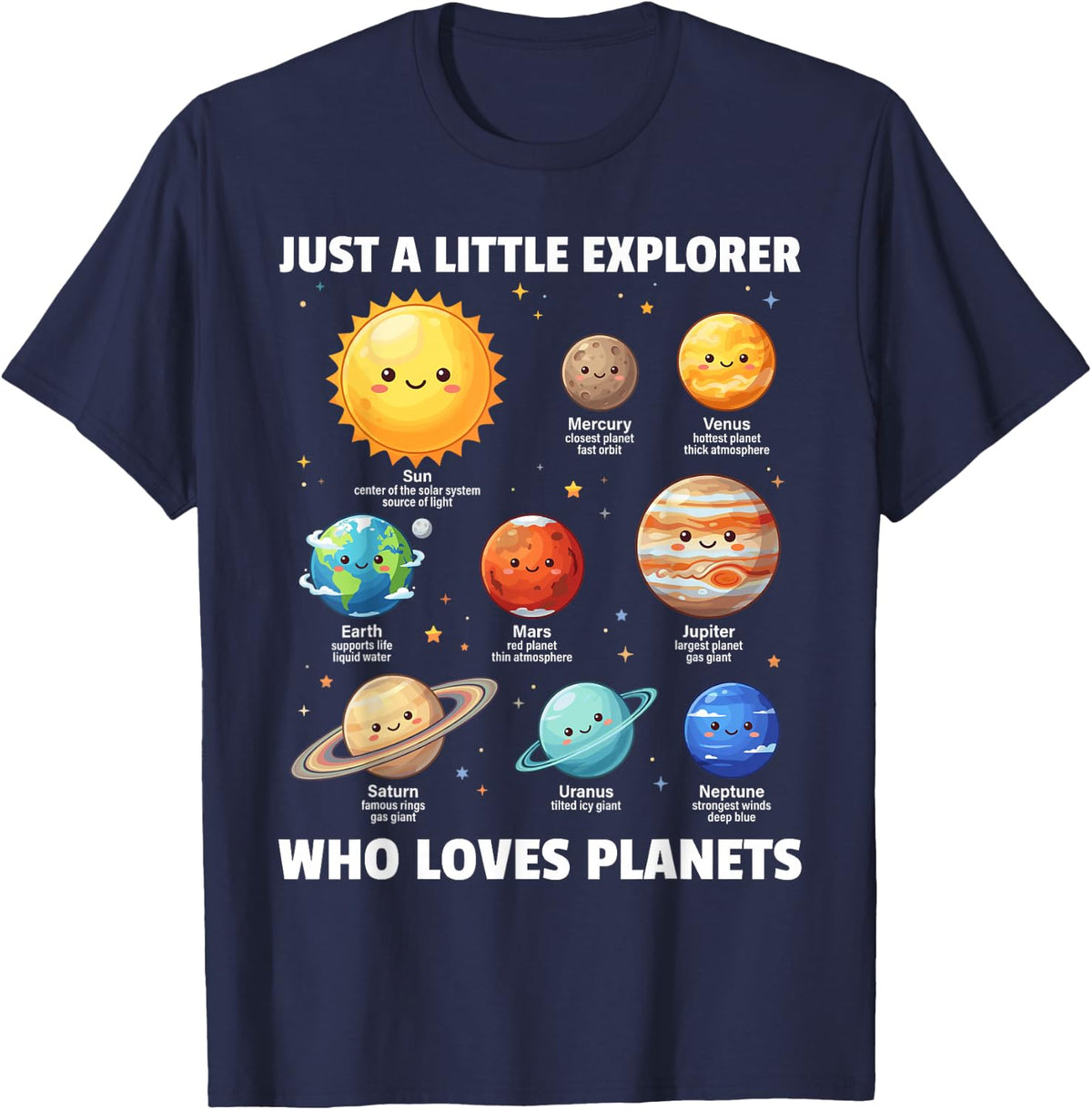 Just A Little Explorer Who Loves Planets Solar System Space T-Shirt - Navy Blue