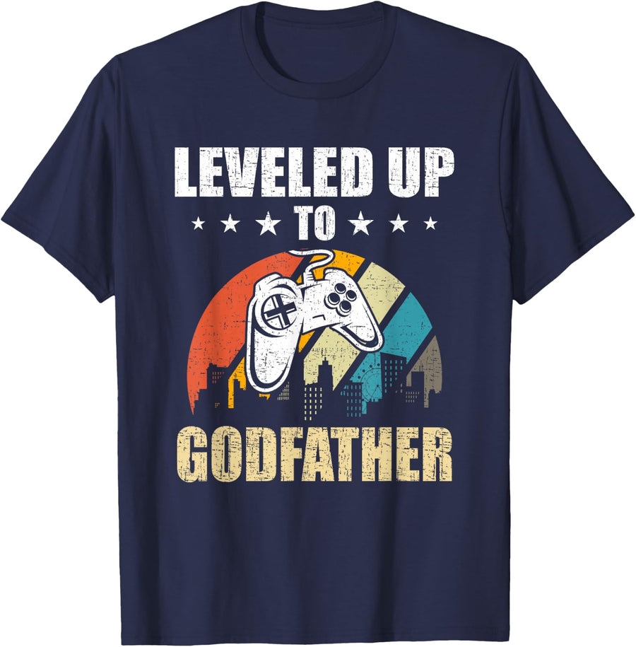 Leveled up to Godfather Video Gamer Gaming T-Shirt - Navy Blue