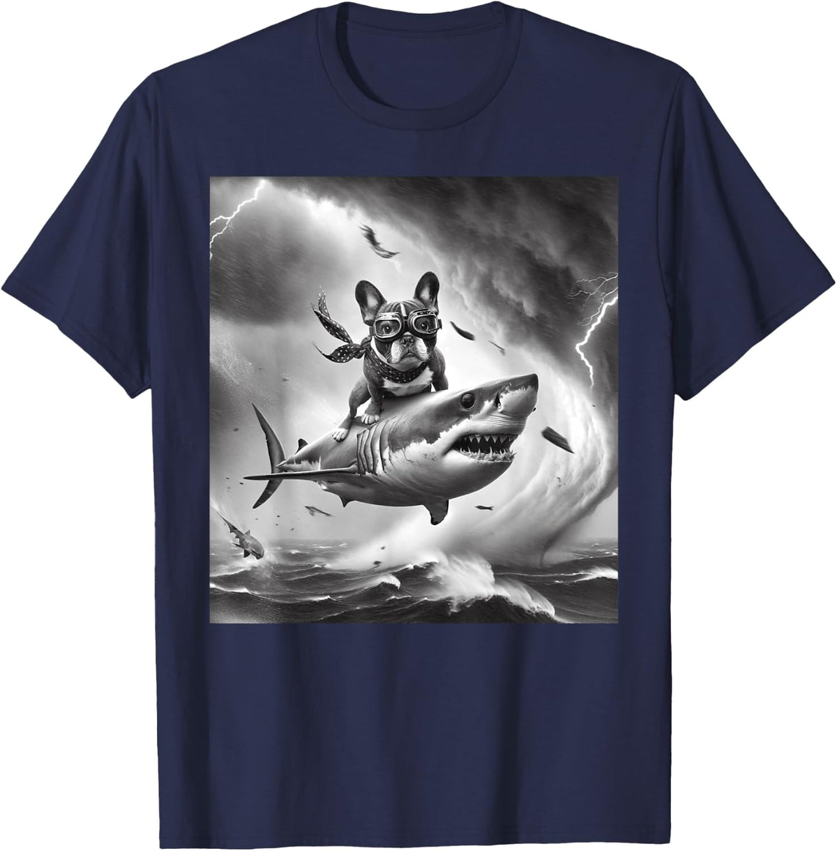 Funny Dog French Bulldog Riding a Shark in Tornado Meme T-Shirt - Navy Blue