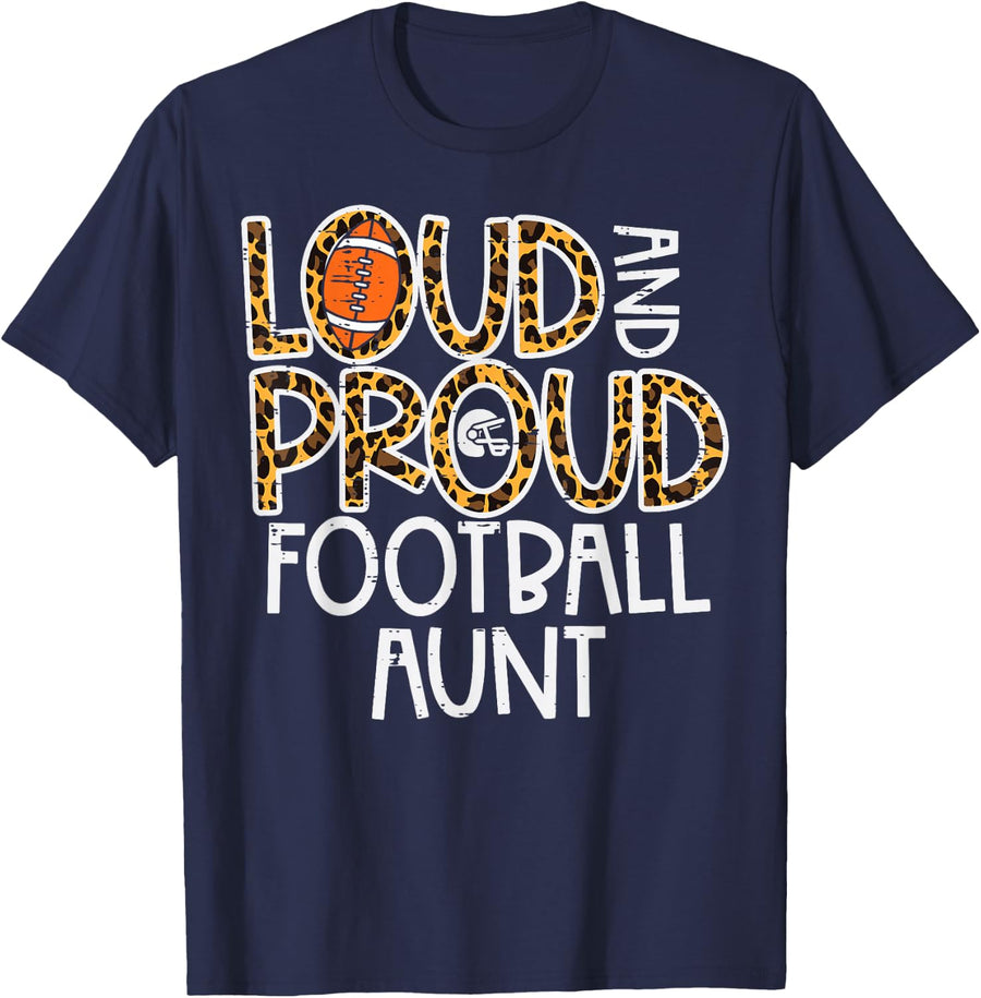 Leopard Loud & Proud American Football Aunt Family Auntie T-Shirt - Navy Blue