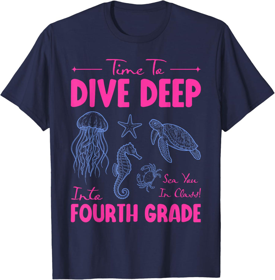 Fourth Grade Teacher Shirt Time to Dive Deep Into 4th Grade Sea Animals Tee T-Shirt - Navy Blue