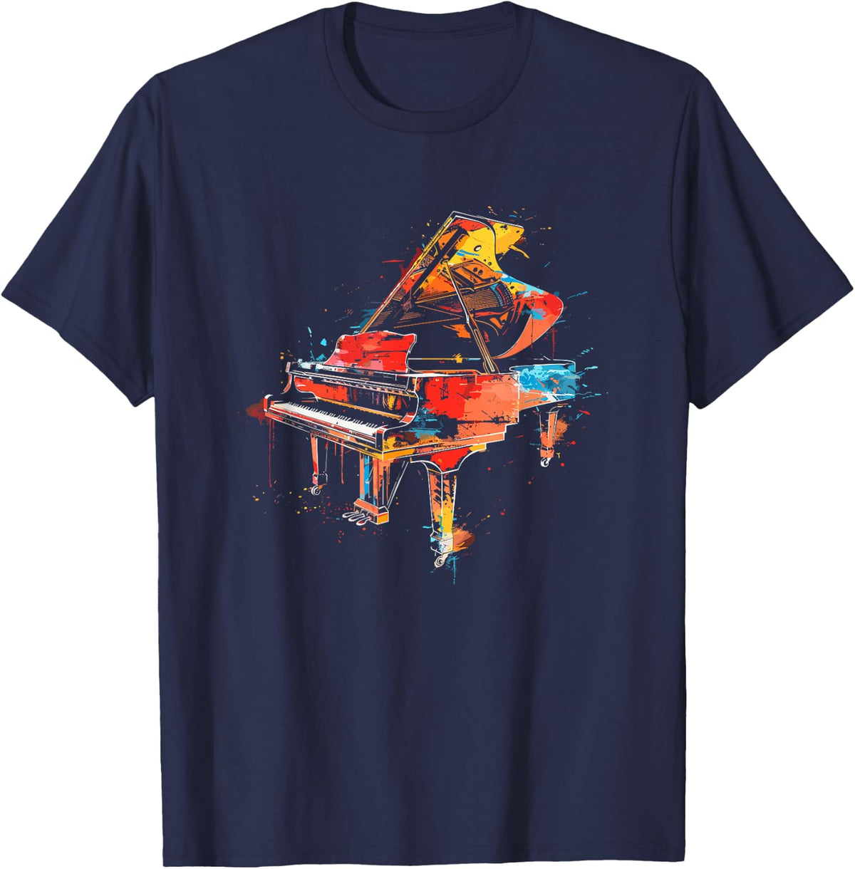 Colorful Watercolor Grand Piano Pianist Music Art T-Shirt - Navy Blue