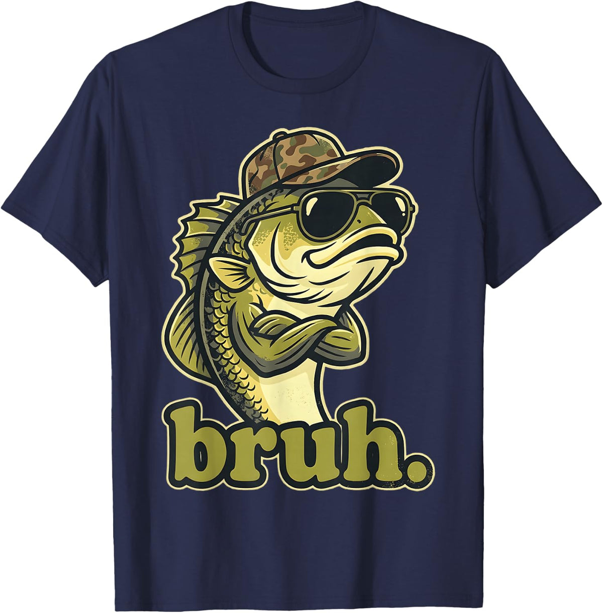 Bruh Fishing Camo Funny Bass Fisherman Humor T-Shirt - Navy Blue
