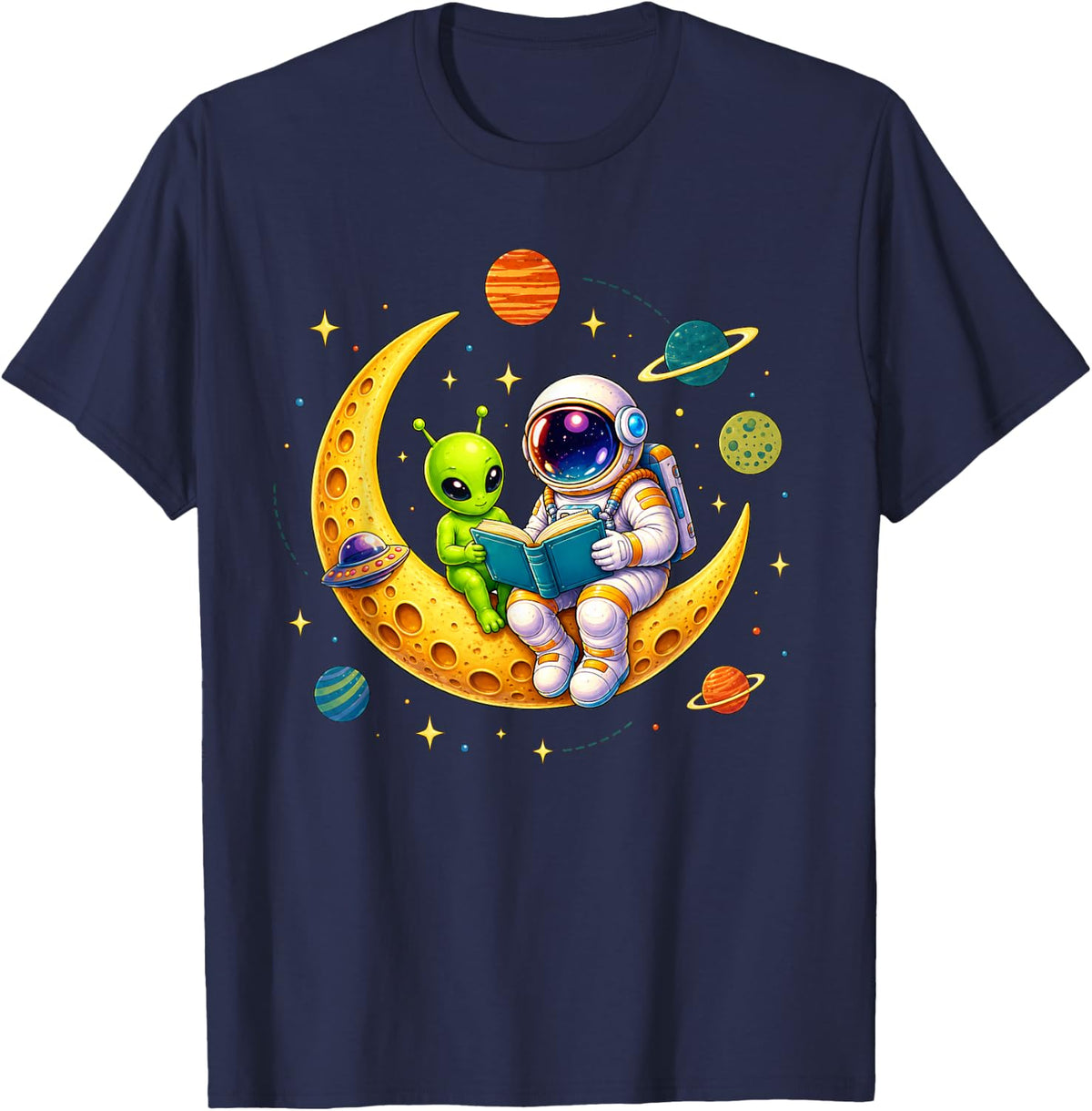 Astronaut Reading Book to Alien Moon Space Astronomy Kids T-Shirt - Navy Blue