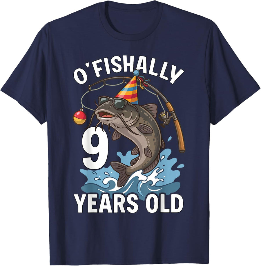 O'Fishally 9 Years Old Fishing Birthday Boy Catfish 9th T-Shirt - Navy Blue