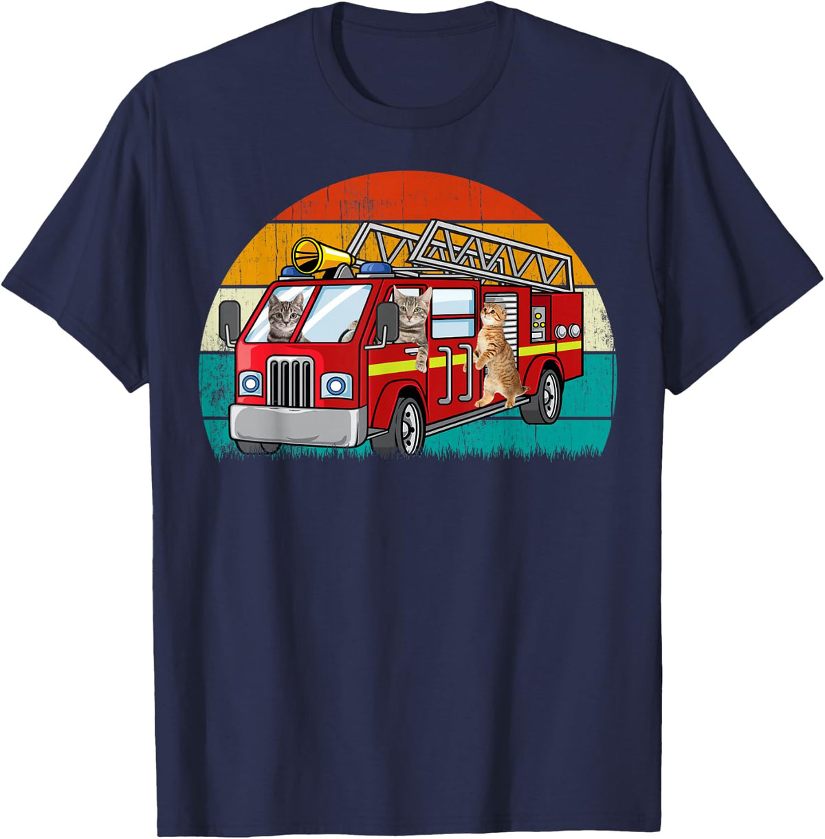 Vintage Retro Style Sunset rescue Engine Cat Firefighter T-Shirt - Navy Blue