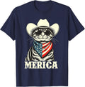 Merica - American Cat USA Flag 4th Of July Fourth T-Shirt - Navy Blue