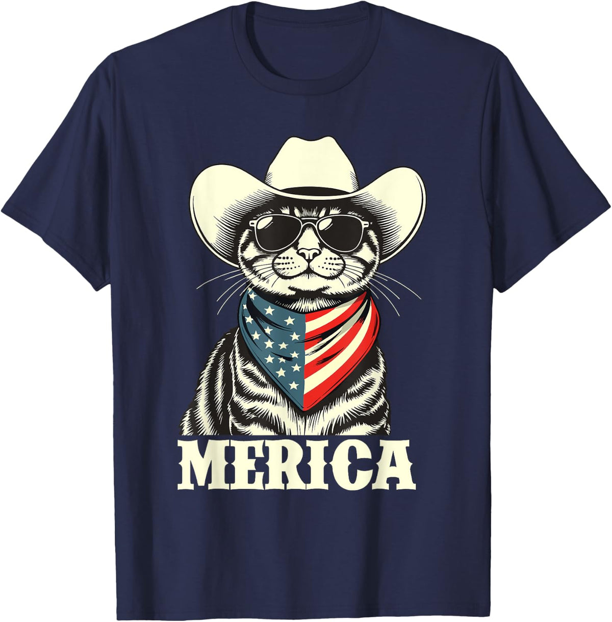 Merica - American Cat USA Flag 4th Of July Fourth T-Shirt - Navy Blue