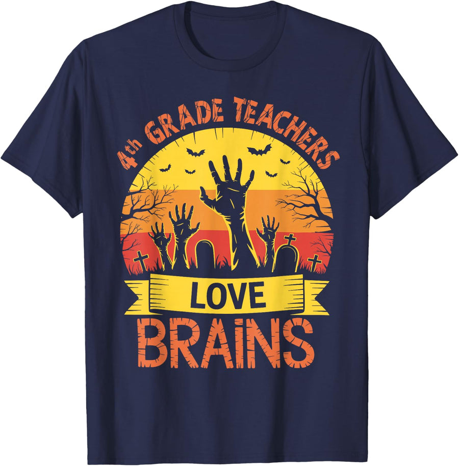Funny Teachers Shirts 4th Grade Teachers Love Brains T-Shirt - Navy Blue