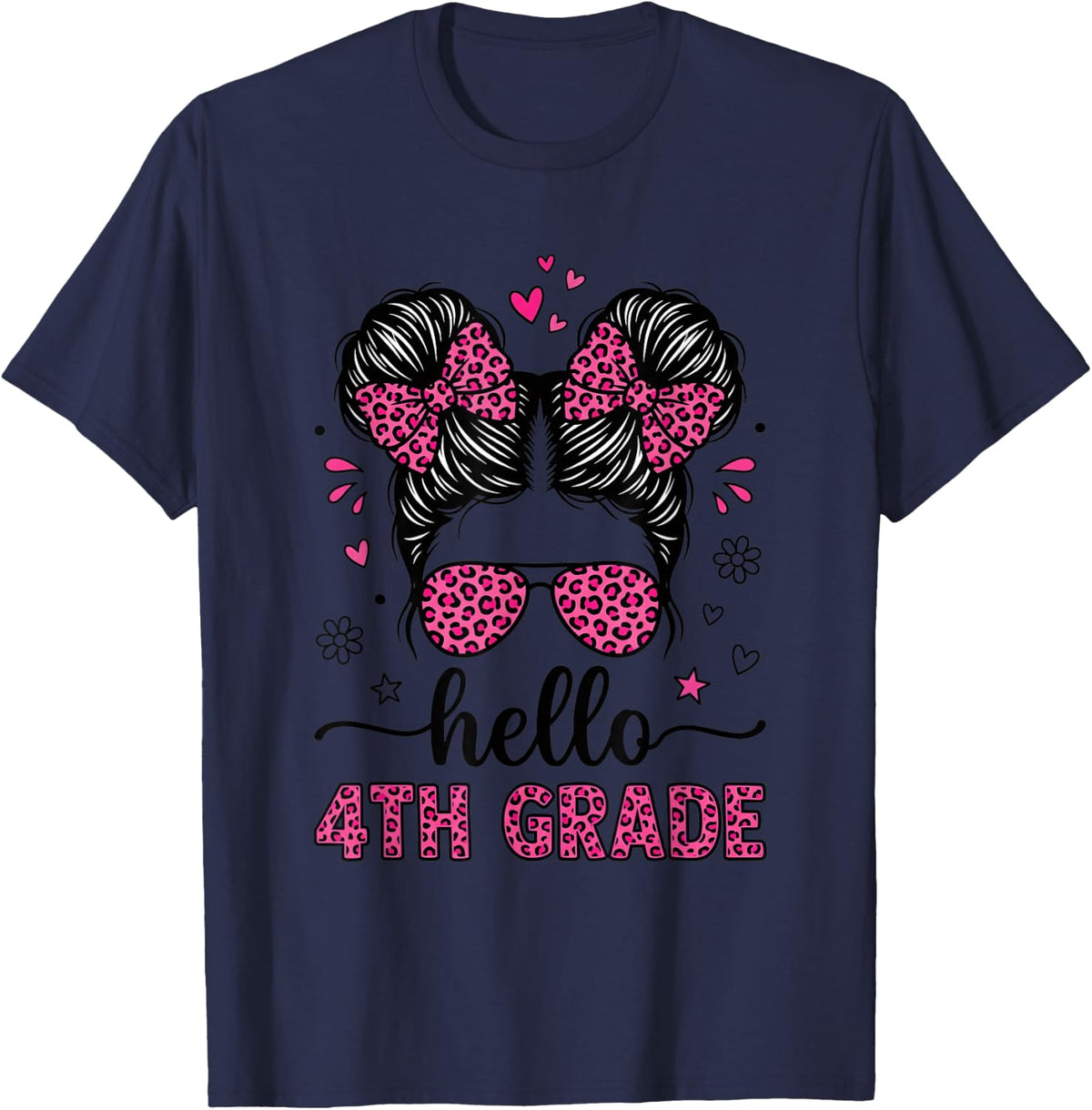 Hello 4TH Grade Girls Messy Bun Back to School Leopard T-Shirt - Navy Blue