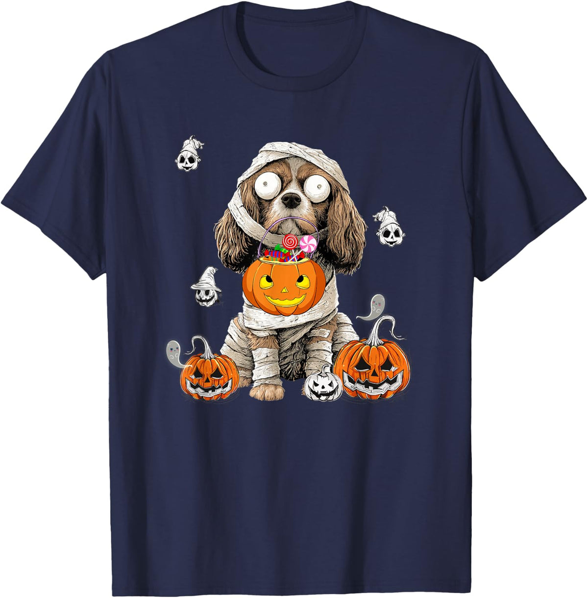 Cute Halloween Cocker Spaniel Mummy Dog Lover Pumpkin T-Shirt - Navy Blue