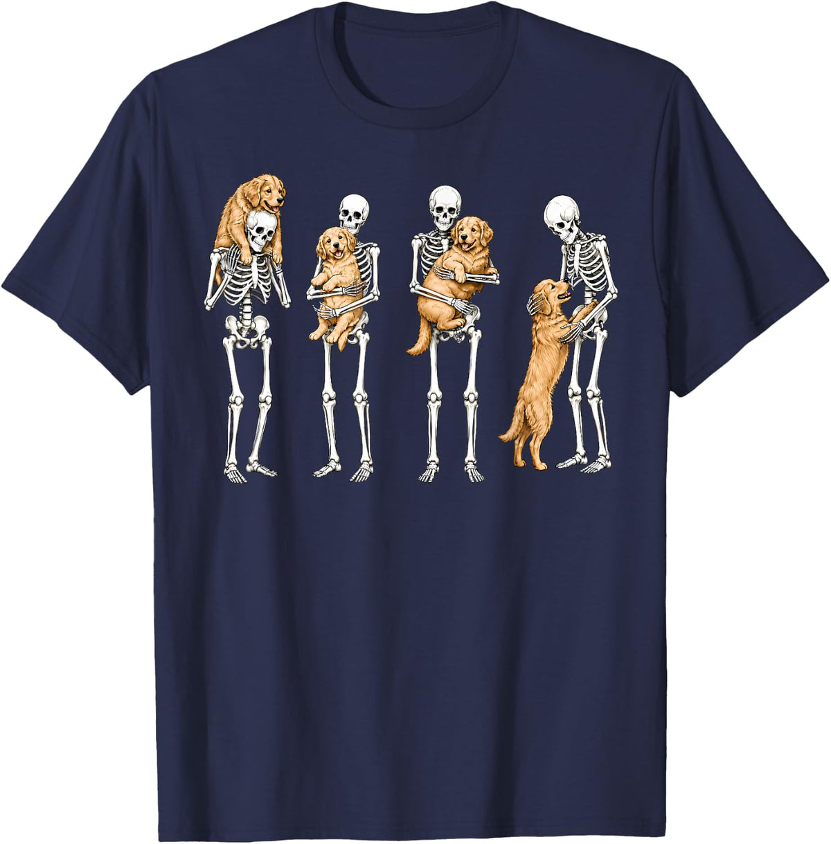 Skeleton Holding Goldendoodle Dog Happy Halloween Costume T-Shirt - Navy Blue