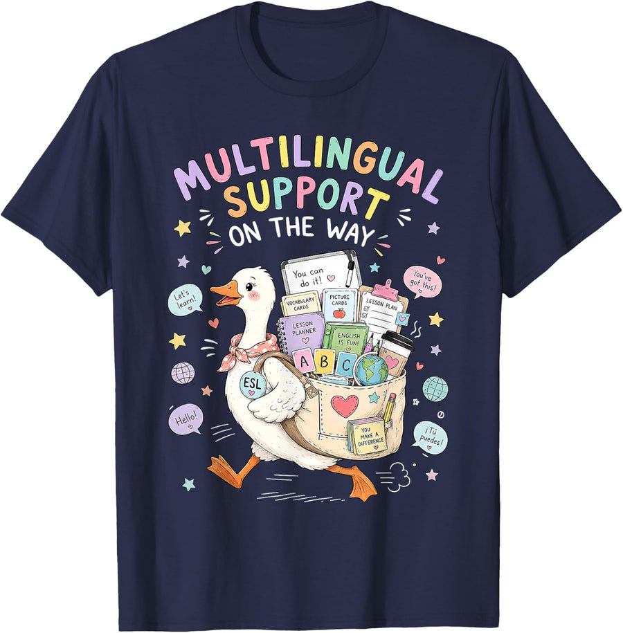 Multilingual Support On The Way Language Teacher Silly Goose T-Shirt - Navy Blue