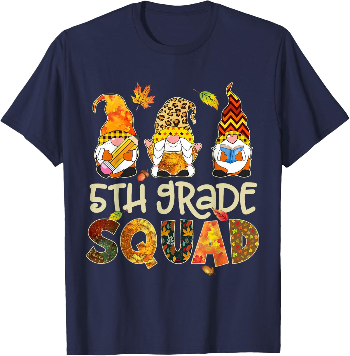 5th Grade Squad Gnome Leopard Thanksgiving Fall Teacher Kids T-Shirt - Navy Blue