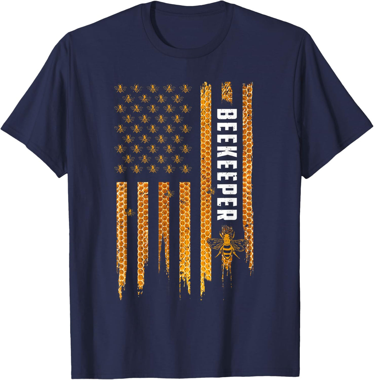 Beekeeping American Flag Honeycomb Honey Bees Beekeeper T-Shirt - Navy Blue