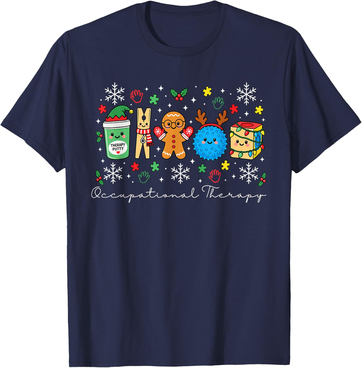 Cute Funny Occupational Therapy Christmas Doodles Characters T-Shirt - Navy Blue