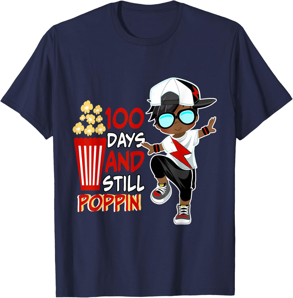100 Days of School and Still Poppin African American Boy T-Shirt - Navy Blue