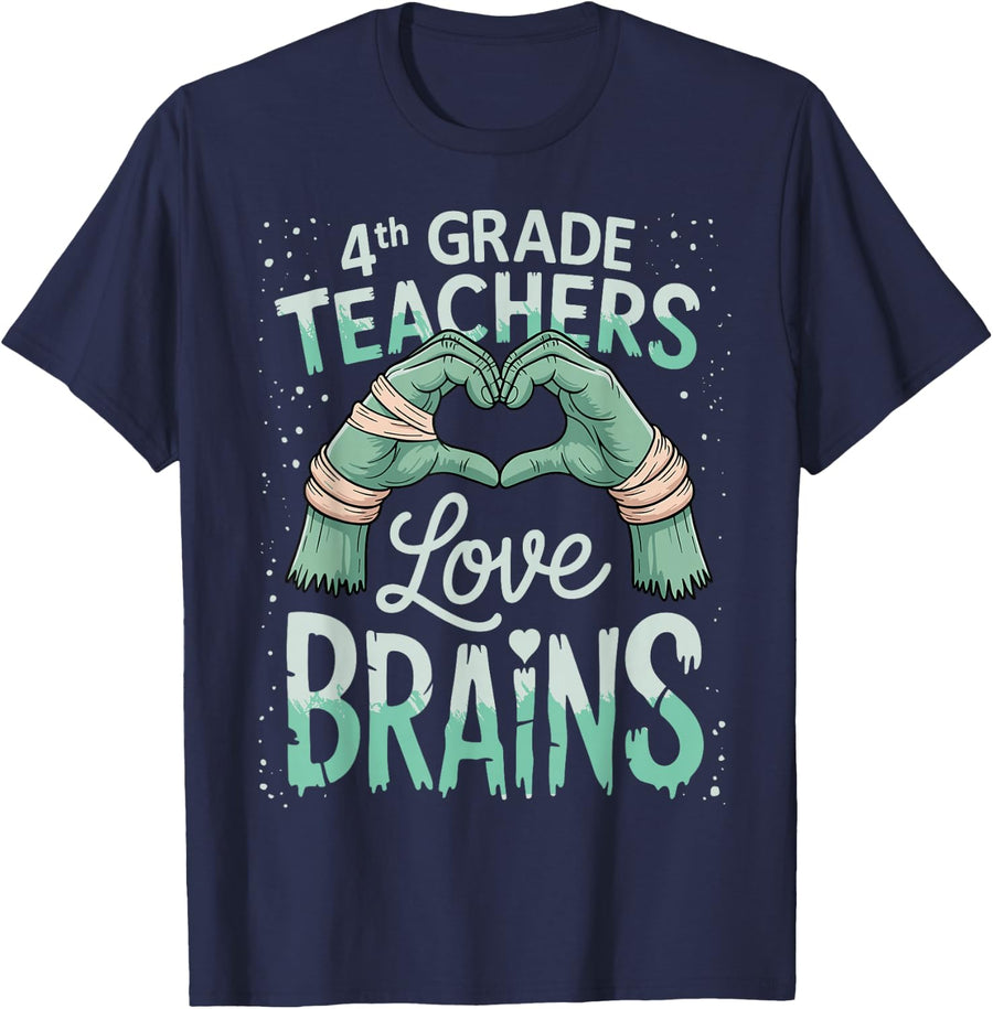 Funny Teacher Tshirts 4th Grade Teachers Love Brains T-Shirt - Navy Blue
